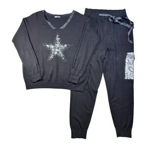 New Collection Made in Italy Brown Sequin Star Knit Sweater Jogger Set M